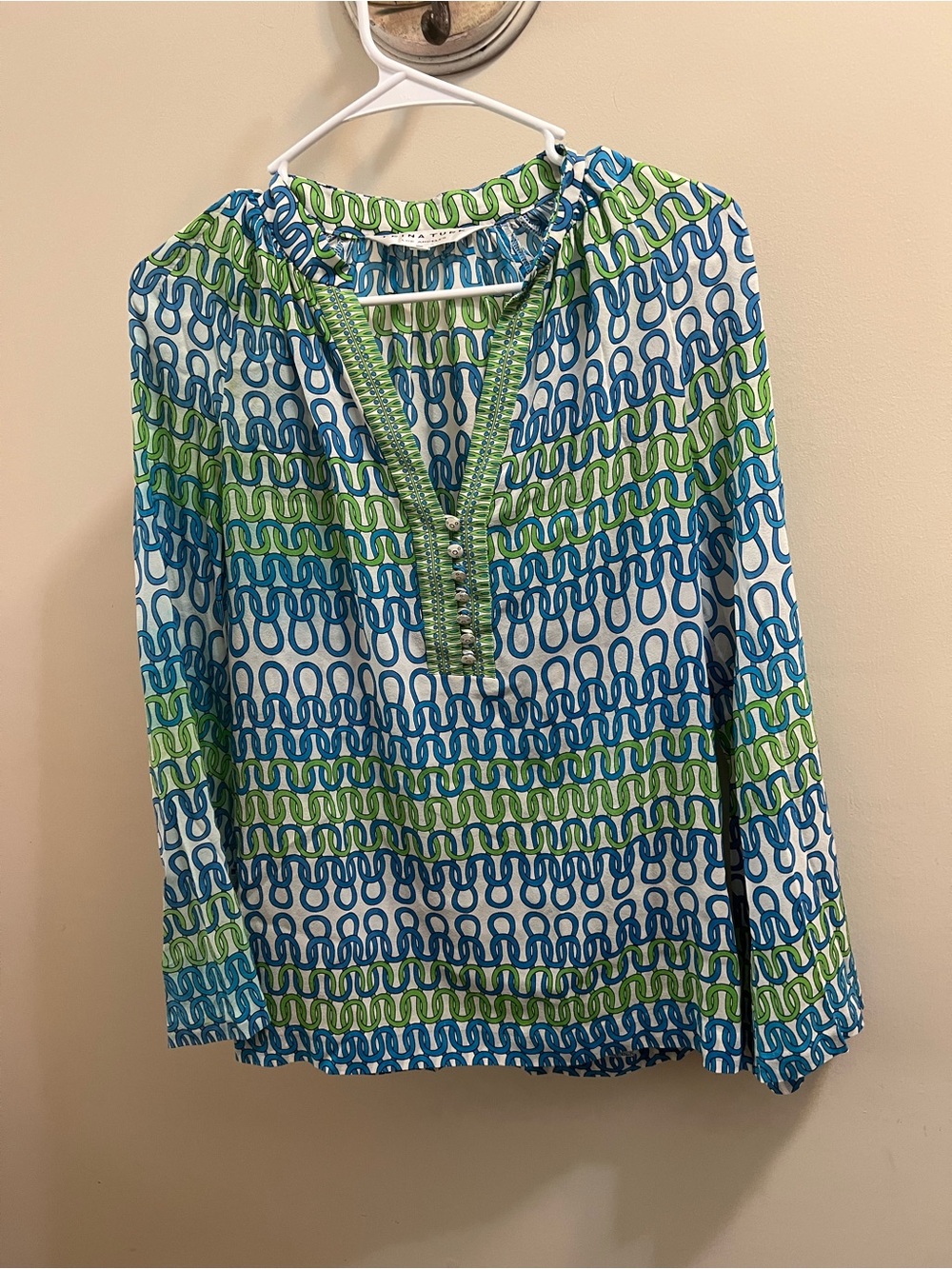 Trina Turk Blue & Green Patterned Pullover Tunic 93% Silk Size S